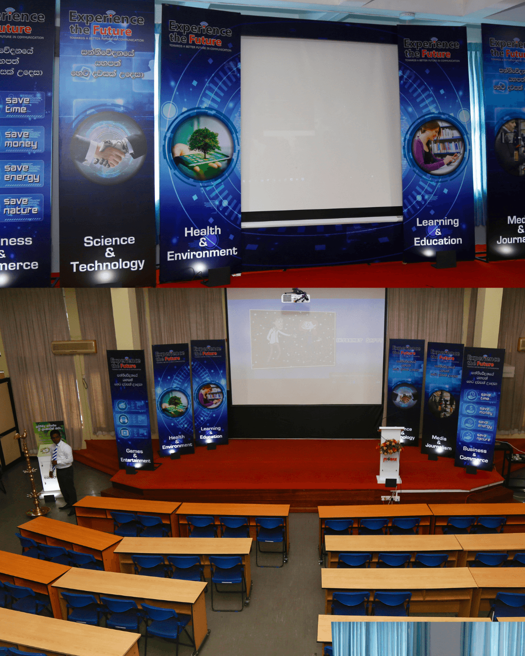 Speakers on stage sharing ideas at a public event.